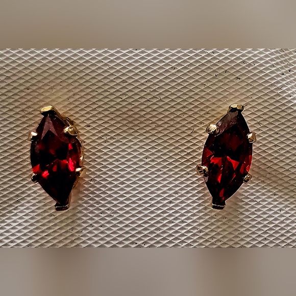 Marquis cut faux ruby red and gold stud  earrings, holiday, formal, minimalist - Picture 2 of 10